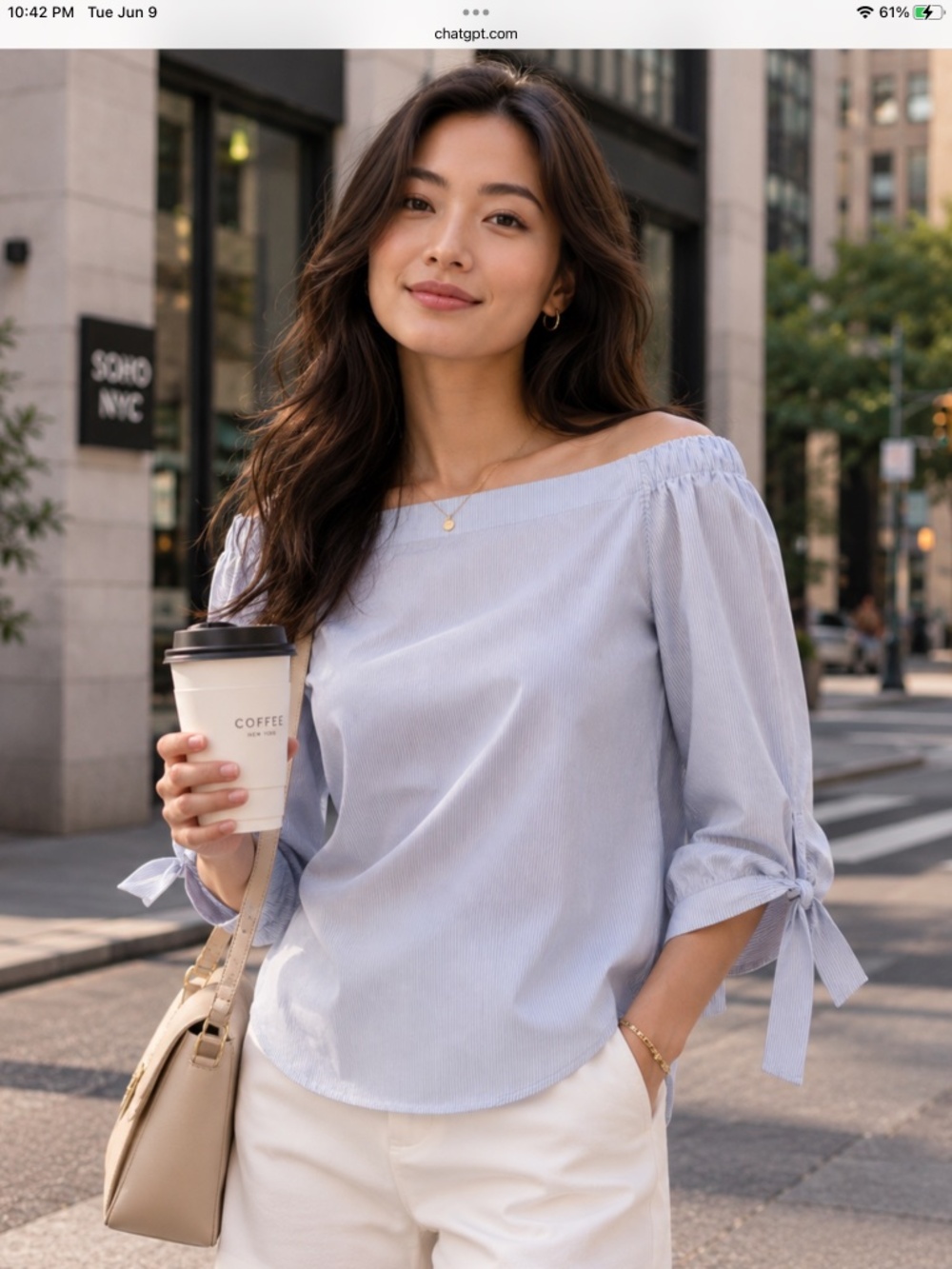 Aritzia Babaton Malik off-shoulder blouse featuring blue and white pin stripes